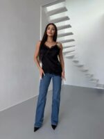 Женский Асимметричный Черный Топ на Бретелях с Гипюровыми Вставками