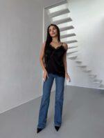 Женский Асимметричный Черный Топ на Бретелях с Гипюровыми Вставками