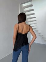 Женский Асимметричный Черный Топ на Бретелях с Гипюровыми Вставками