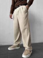 Мужские Классические Бежевые Штаны Свободного Кроя - Широкие Брюки со Складками