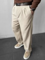 Мужские Классические Бежевые Штаны Свободного Кроя - Широкие Брюки со Складками