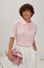Женская Розовая Футболка Поло с Текстурным Узором Косичка и Воротником на Пуговицах