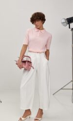 Женская Розовая Футболка Поло с Текстурным Узором Косичка и Воротником на Пуговицах