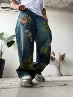 Мужские Широкие Синие Джинсы Баллоны Оверсайз Принт Деньги