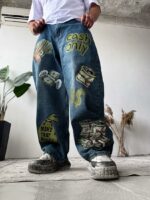 Мужские Широкие Синие Джинсы Баллоны Оверсайз Принт Деньги