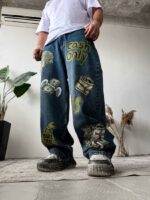 Мужские Широкие Синие Джинсы Баллоны Оверсайз Принт Деньги