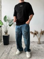 Мужские Широкие Синие Джинсы Баллоны Оверсайз с Надписями