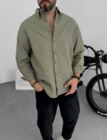 Мужская Классическая Хлопковая Рубашка Хаки Оверсайз