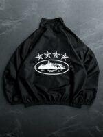 Мужская Черная Ветровка Мастерка на Молнии с Принтом на Спине