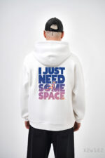 Мужское Белое Худи на Флисе - Свободного Кроя с Принтом Надписью на Спине