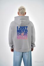 Мужское Серое Худи на Флисе - Свободного Кроя с Принтом Надписью на Спине