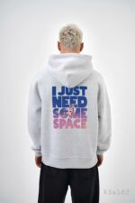 Мужское Худи Серое Меланж на Флисе - Свободного Кроя с Принтом Надписью на Спине