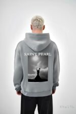Мужское Серое Худи на Флисе - Свободного Кроя с Принтом “Saint Pearl”