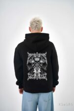 Мужское Черное Худи Свободного Кроя Трехнитка на Флисе с Черепами