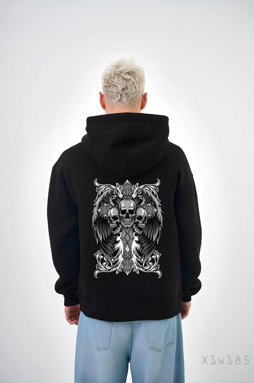 6704da6f9c692 Мужское Черное Худи Свободного Кроя Трехнитка на Флисе с Черепами