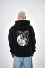 Мужское Черное Худи Свободного Кроя Трехнитка на Флисе с Принтом Вовкулака