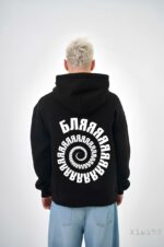 Мужское Черное Худи с Принтом на Спине - Свободного Кроя на Флисе