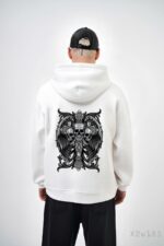 Мужское Белое Худи Свободного Кроя Трехнитка на Флисе с Черепами