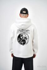 Мужское Белое Худи Свободного Кроя Трехнитка на Флисе с Принтом Вовкулака