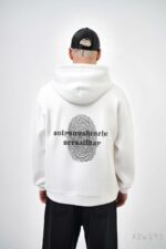 Мужское Белое Худи Свободного Кроя Трехнитка на Флисе с Принтом Отпечаток Пальца