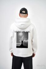 Мужское Белое Худи на Флисе - Свободного Кроя с Принтом “Saint Pearl”
