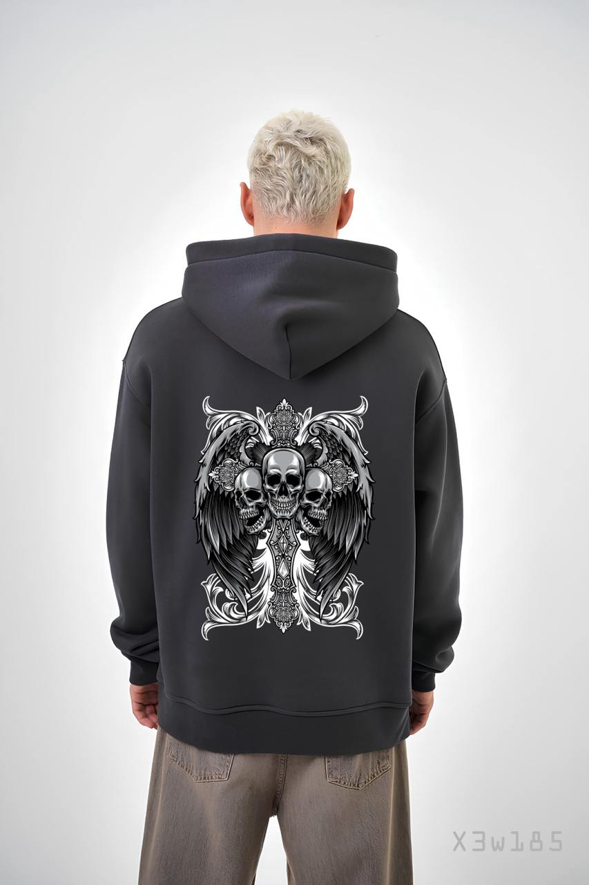 6704dfb09ec06 Мужское Графитовое Худи Свободного Кроя Трехнитка на Флисе с Черепами