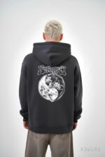 Мужское Графитовое Худи Свободного Кроя Трехнитка на Флисе с Принтом Вовкулака