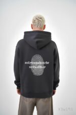 Мужское Графитовое Худи Свободного Кроя Трехнитка на Флисе с Принтом Отпечаток Пальца