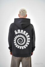 Мужское Графитовое Худи с Принтом на Спине - Свободного Кроя на Флисе