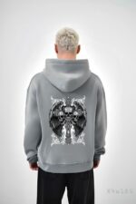 Мужское Серое Худи Свободного Кроя Трехнитка на Флисе с Черепами