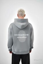 Мужское Серое Худи Свободного Кроя Трехнитка на Флисе с Принтом Отпечаток Пальца