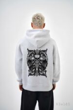 Мужское Худи Серое Меланж Свободного Кроя Трехнитка на Флисе с Черепами