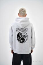 Мужское Худи Серое Меланж Свободного Кроя Трехнитка на Флисе с Принтом Вовкулака