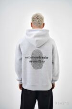 Мужское Худи Серое Меланж Свободного Кроя Трехнитка на Флисе с Принтом Отпечаток Пальца