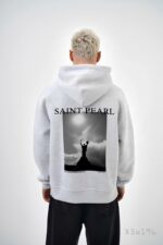 Мужское Худи Серое Меланж на Флисе - Свободного Кроя с Принтом “Saint Pearl”