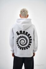 Мужское Худи Серое Меланж с Принтом на Спине - Свободного Кроя на Флисе