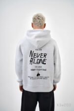Мужское Худи Серое Меланж “Never Alone” - Свободного Кроя на Флисе