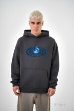 Мужское Графитовое Худи Принт Луна - Свободного Кроя на Флисе