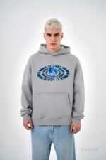 Мужское Серое Худи Принт Луна - Свободного Кроя на Флисе