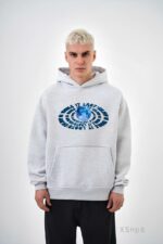 Мужское Худи Серое Меланж Принт Луна - Свободного Кроя на Флисе