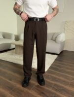 Мужские Классические Широкие Коричневые Штаны Брюки Багги со Складками