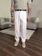 Мужские Классические Широкие Белые Штаны Брюки Багги со Складками