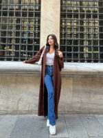 Женский Длинный Пушистый Коричневый Кардиган Свободного Кроя