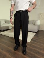 Мужские Классические Широкие Черные Штаны Брюки Багги со Складками