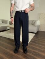Мужские Классические Широкие Темно-Синие Штаны Брюки Багги со Складками