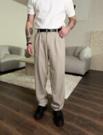 Мужские Классические Широкие Бежевые Штаны Брюки Багги со Складками