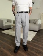 Мужские Классические Широкие Серые Штаны Брюки Багги со Складками