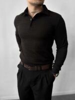 Мужская Классическая Базовая Черная Кофта Поло в Рубчик