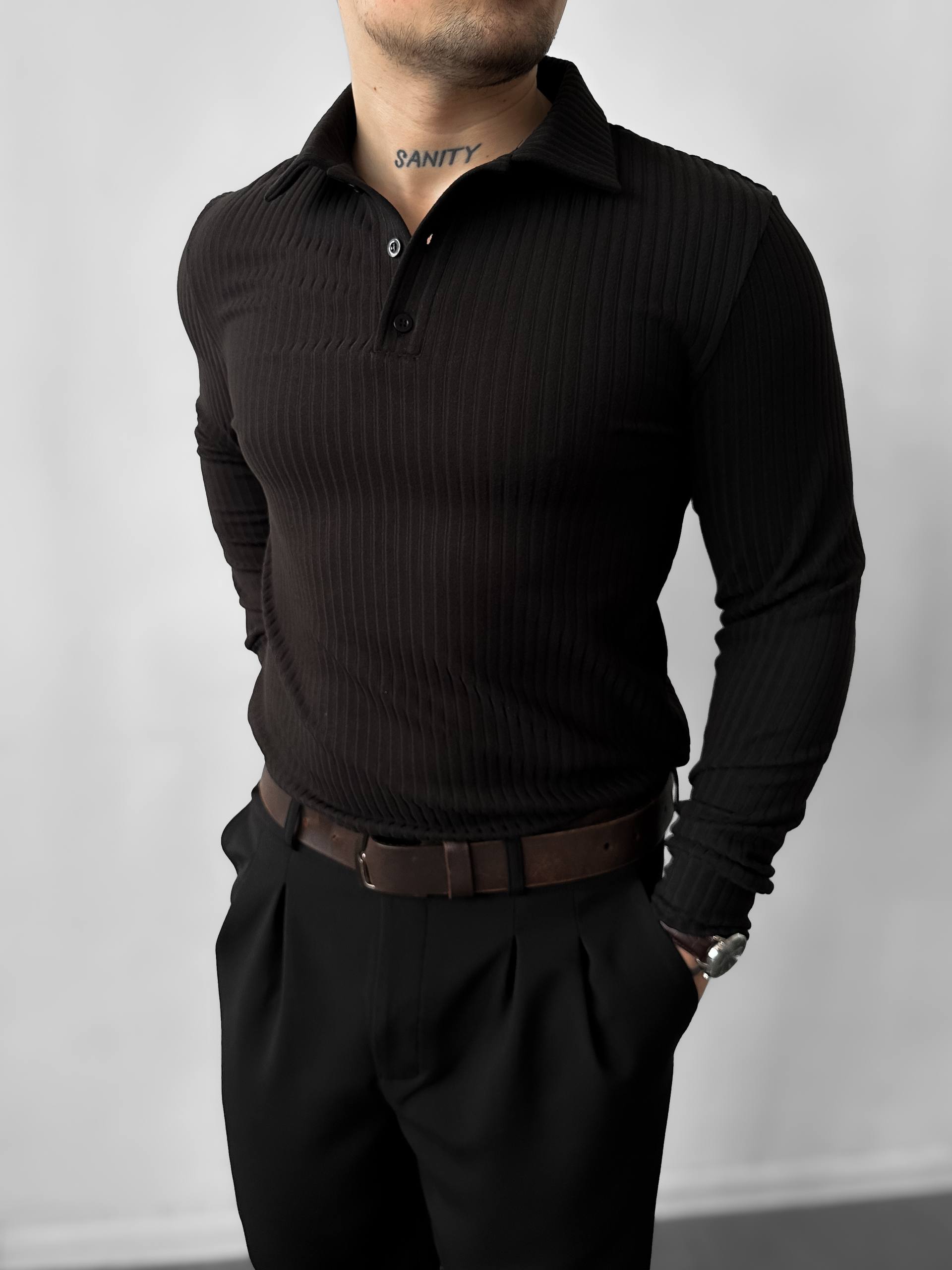 photo_2026-02-28_15-30-06 Мужская Классическая Базовая Черная Кофта Поло в Рубчик