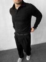 Мужская Классическая Базовая Черная Кофта Поло в Рубчик